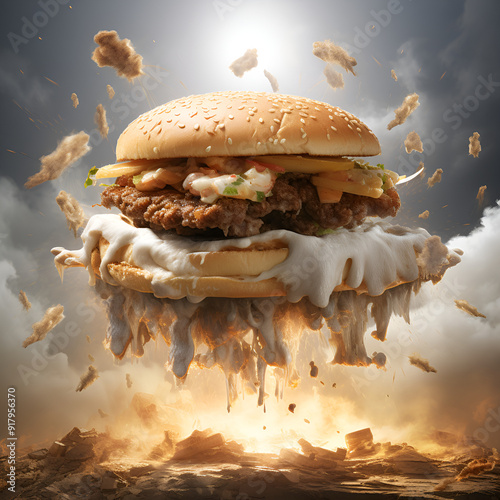 Image of a hamburger filled with overflowing patties in a fantasy style. Generative AI