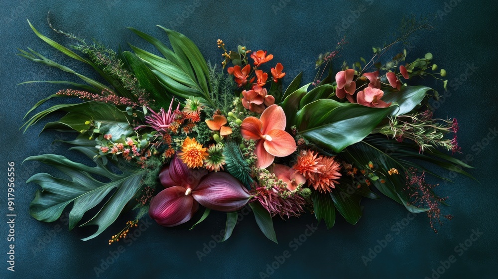 An artistic top view of a floral arrangement with exotic flowers and greenery. An artistic top view of a floral arrangement with exotic flowers and greenery.