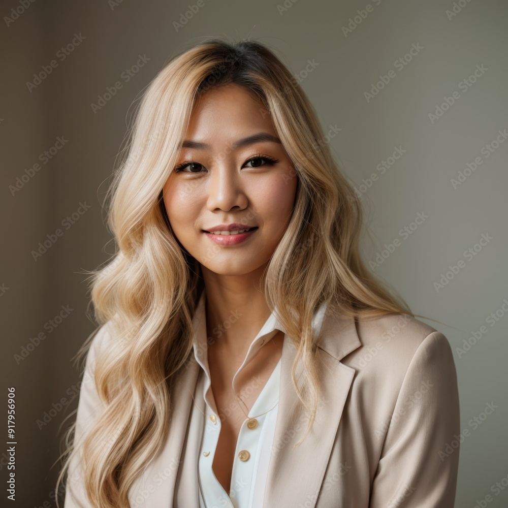 Blonde woman in cream suit with long wavy hair looks elegant and stylish Blonde woman in cream suit with long wavy hair looks elegant and stylish