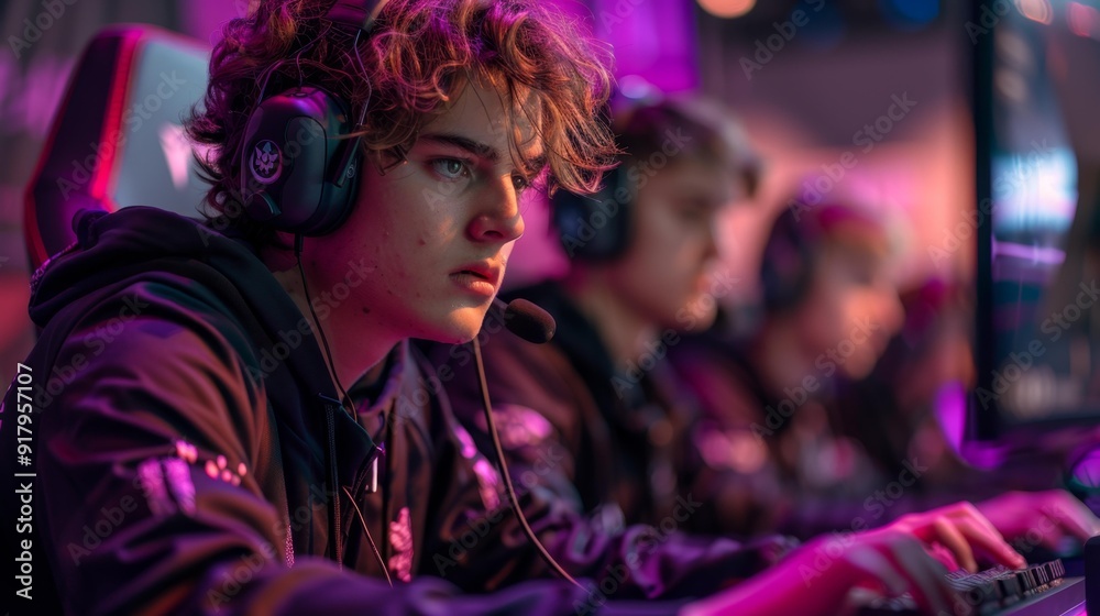 Focused gamer competing in esports tournament - generative ai