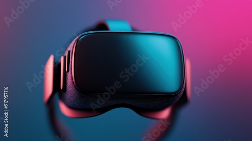 An advanced virtual reality headset shown close-up under vibrant neon lighting. The sleek design and reflective surfaces highlight the cutting-edge technology and immersive potential. photo