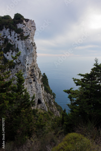 Amazing view down to the sea from the mountain in Othonoi island, north-west of Corfu, Greece, at dusk