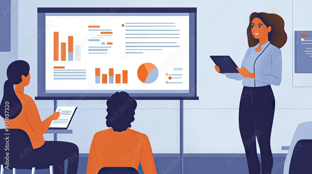 Businesswoman giving a presentation with a projector screen behind her. Businesswoman giving a presentation with a projector screen behind her.