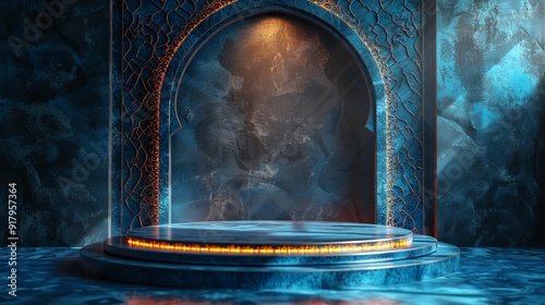 Illustration of Ramadan Kareem background with mosque Islamic style arches and Arabic patterns.