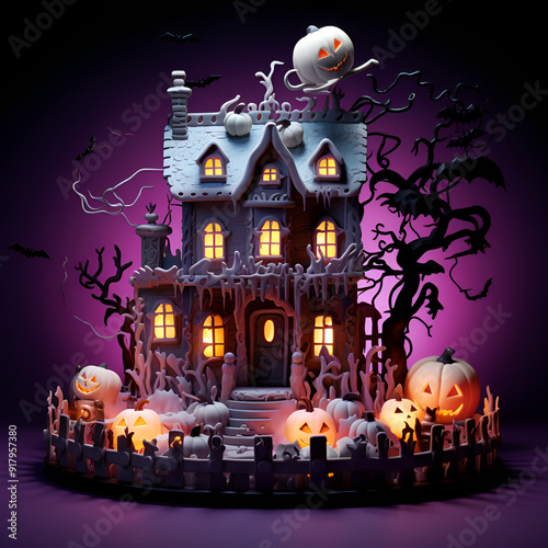 Three-dimensional Halloween haunted house cartoon image. Generative AI