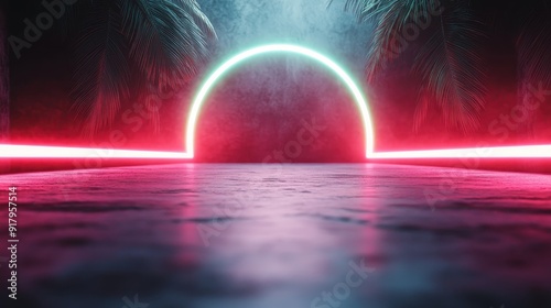 An image depicting a glowing neon half-circle light with a tropical leaves background, combining the freshness of nature with the modernity of neon aesthetics. photo