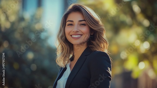 Businesswoman in a smart suit, smiling confidently while standing outdoors.