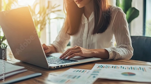 Businesswoman typing on a laptop with financial charts on the desk. -