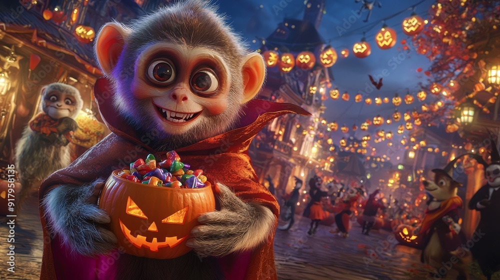 A monkey holding a pumpkin bucket full of candy