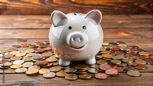 A small, ceramic piggy bank filled with shiny coins, sitting on a wooden table, surrounded by more coins and a few scattered bills. photo