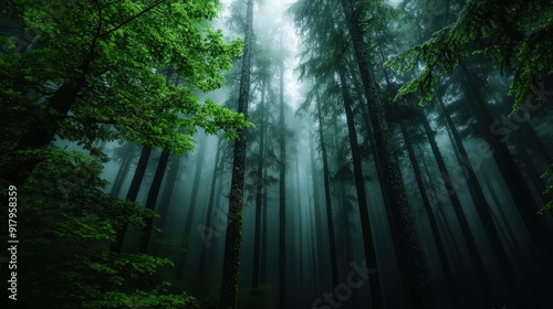 A mystical forest scene with tall, dense trees reaching up into the sky, shrouded in thick fog in the early morning, creating an ethereal atmosphere. photo