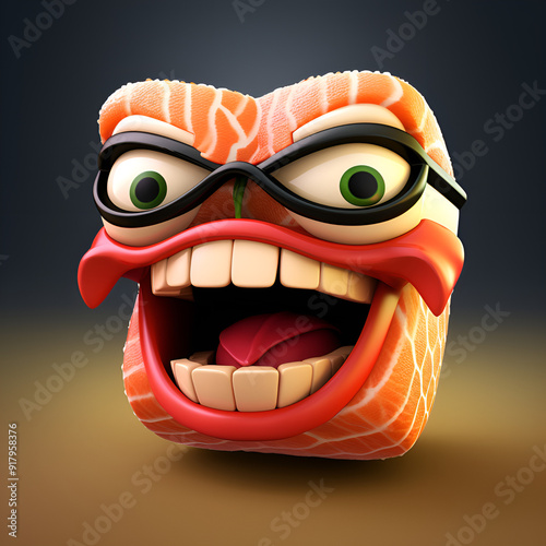 Scary sushi monster cartoon illustration cartoon human face sushi. Generative AI