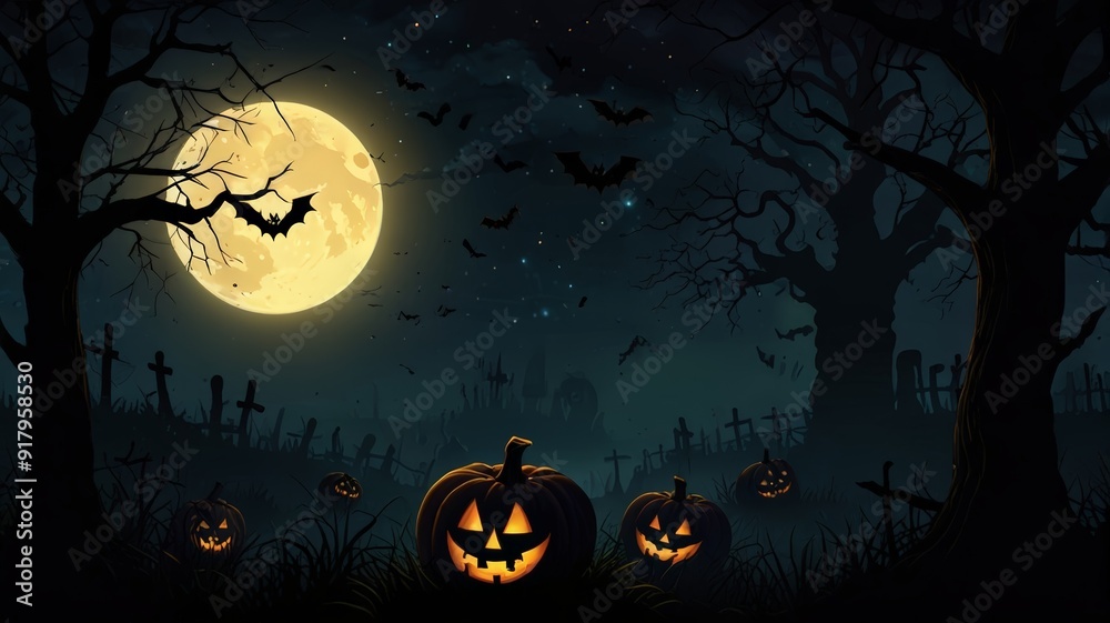 Fototapeta premium Halloween Spooky Nighttime Scene Horizontal Background. Haunted House Background. Pumpkins Background. Halloween party border. Halloween background