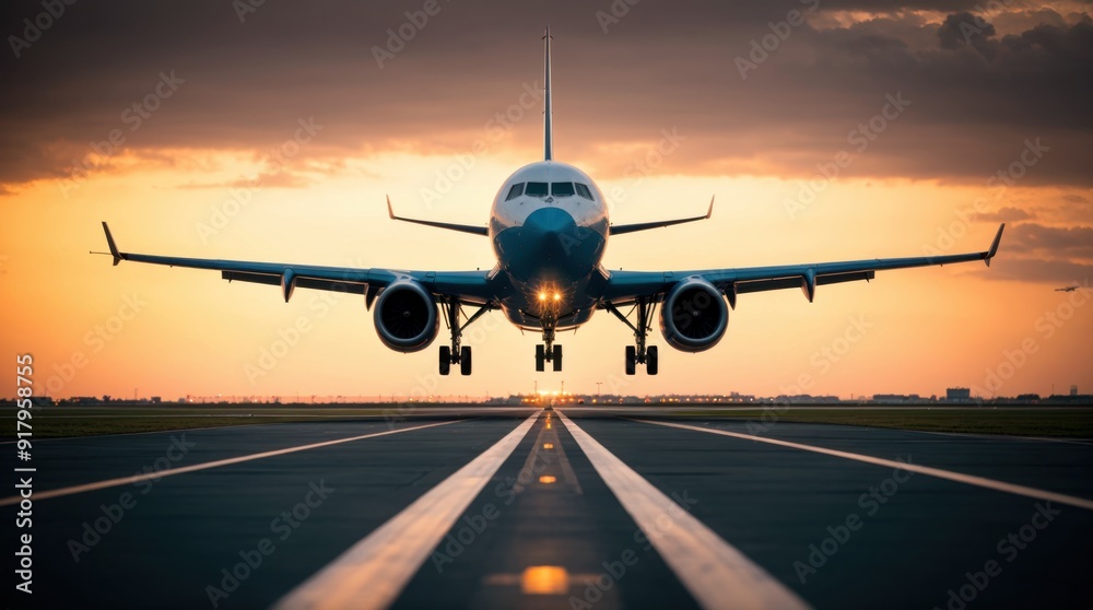 A commercial aviation carriage readies for takeoff at dusk on a runway 