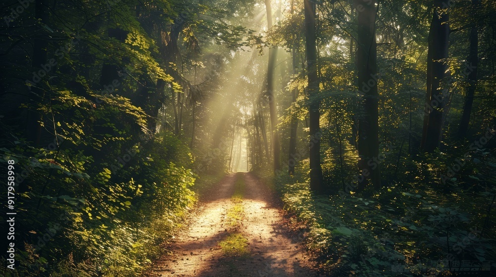 Obraz premium A serene forest path with sunlight filtering through the trees.
