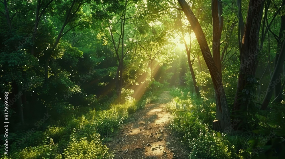 Fototapeta premium A serene forest path with sunlight filtering through the trees.