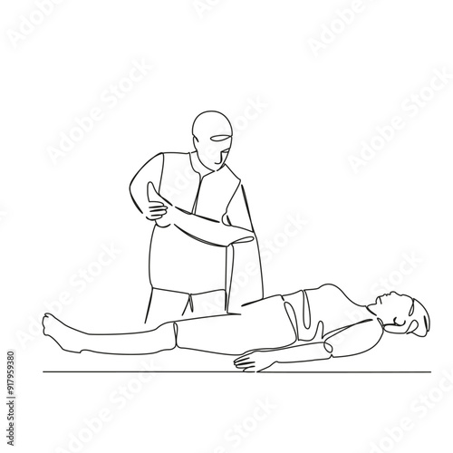 One continuous single drawing line art flat doodle person, woman, physical therapy, doctor, leg, recovery, adult, horizontal, photography. Isolated image hand draw contour on a white background