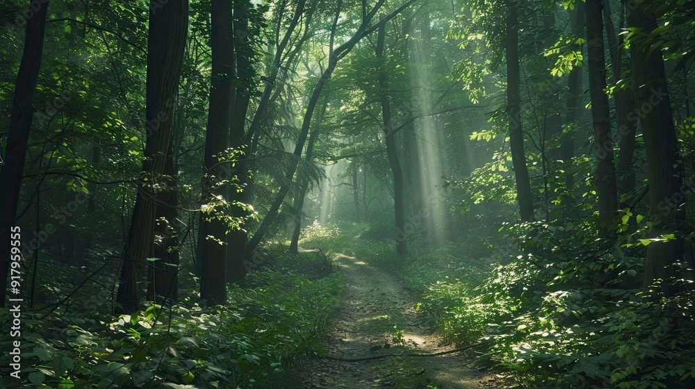 Obraz premium A serene forest path with sunlight streaming through the canopy.