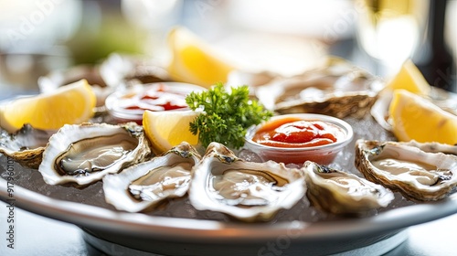 Close-up of a platter of fresh oysters on ice with lemon wedges and cocktail sauce.