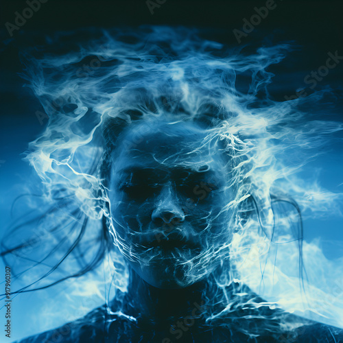 Portraits with electric blue are beautiful artistic images. The soul of a person has static electricity. Generative AI
