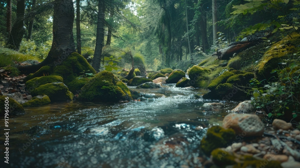 A serene forest stream with moss-covered rocks and crystal-clear water. A serene forest stream with moss-covered rocks and crystal-clear water.