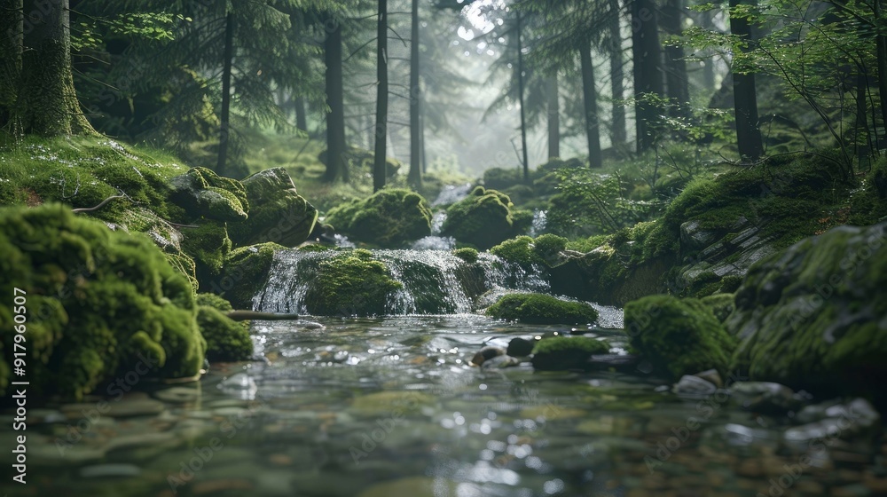 A serene forest stream with moss-covered rocks and crystal-clear water. A serene forest stream with moss-covered rocks and crystal-clear water.