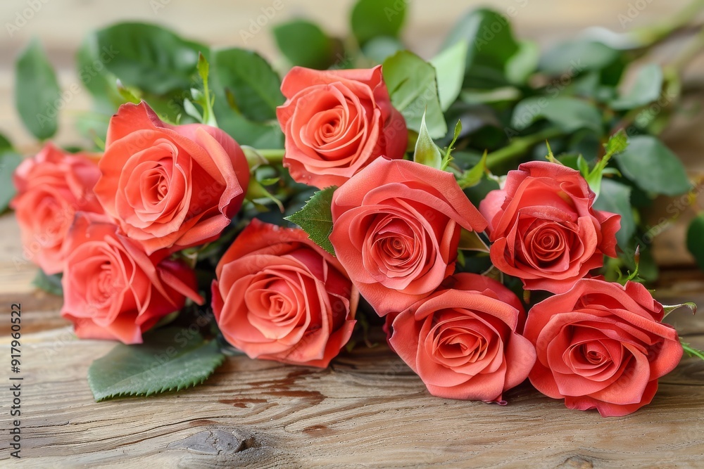 Beautiful Bunch of Fresh Coral Roses Arranged on Rustic Wooden Table in Natural Light Beautiful Bunch of Fresh Coral Roses Arranged on Rustic Wooden Table in Natural Light