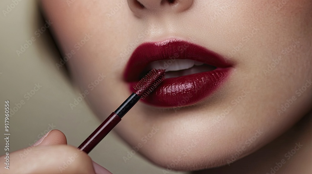 Obraz premium Close-up of a woman applying liquid lipstick with a precise applicator.