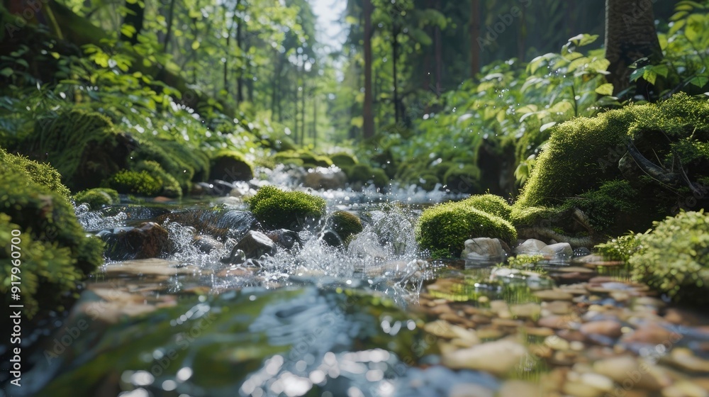 A serene forest stream with moss-covered rocks and crystal-clear water. A serene forest stream with moss-covered rocks and crystal-clear water.