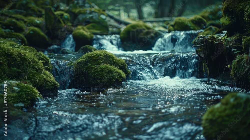 A serene forest stream with moss-covered rocks and crystal-clear water. A serene forest stream with moss-covered rocks and crystal-clear water.