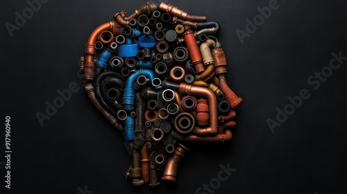 A portrait of a human profile, ingeniously created using a variety of pipes and fittings, blending engineering elements with artistic design, highlighted against a dark background. photo