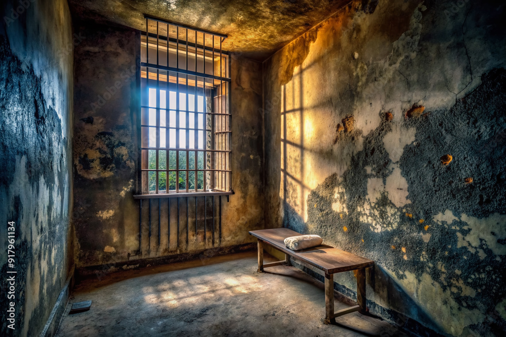 A somber, isolated prison cell with rusty iron bars, worn concrete walls, and a small, barred window filtering dim light, evoking feelings of confinement and despair. A somber, isolated prison cell with rusty iron bars, worn concrete walls, and a small, barred window filtering dim light, evoking feelings of confinement and despair.