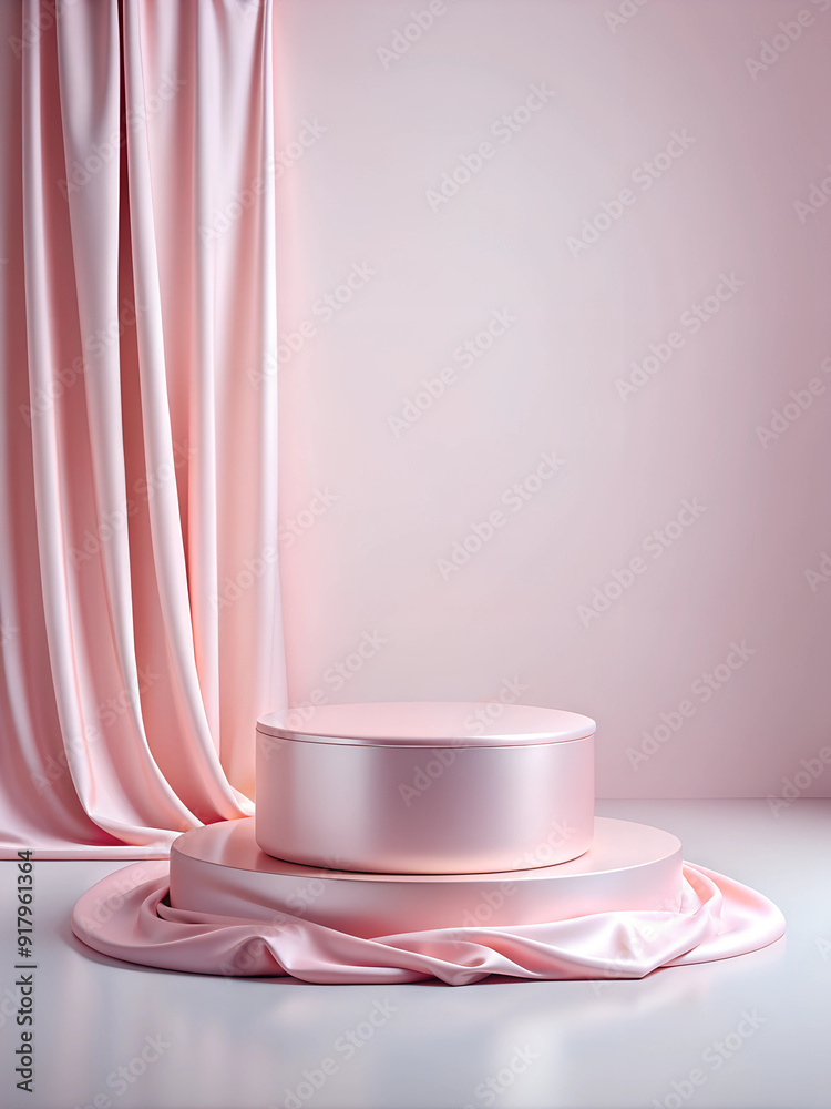 In the foreground is a fabric podium for goods in a soft pink color, around it is a little satin fabric, behind is a white background In the foreground is a fabric podium for goods in a soft pink color, around it is a little satin fabric, behind is a white background