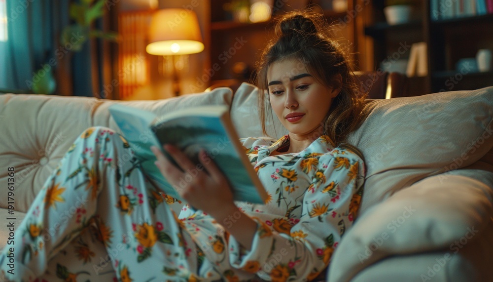 Young woman relaxing on sofa reading a book at home Young woman relaxing on sofa reading a book at home