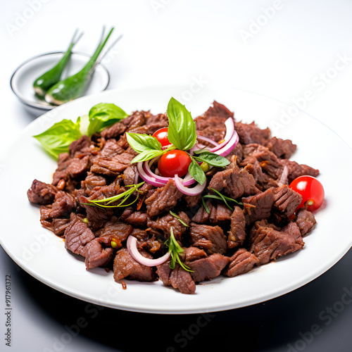 Food photo: Delicious stewed meat arranged in a bowl. Generative AI