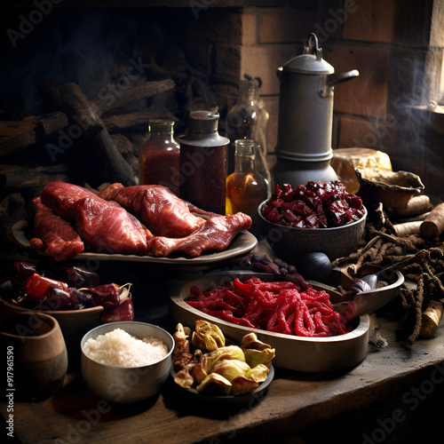 Picture of a kitchen with meat condiments preparing to cook. Generative AI