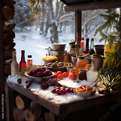 Image of a kitchen cooking in a beautiful natural landscape surrounded by snow. fruit and vegetable condiments. Generative AI
