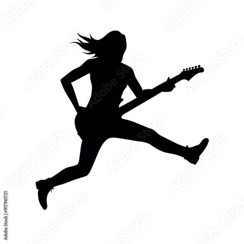 a Rockstar female singer jumping with guitar vector silhouette, isolated white background