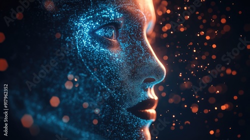 Digital transformation concept: Human face integrated with AI artificial intelligence in a 3D illustration. Visualizing the future of human-tech symbiosis. -