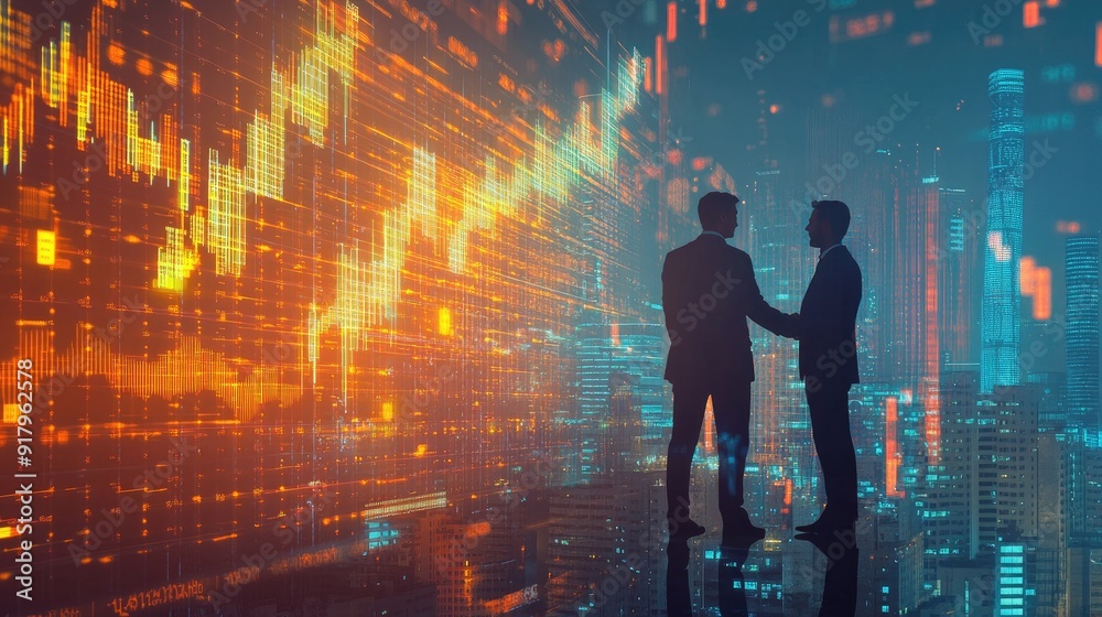 Double exposure of financial chart on cityscape background with two businessmen handshake. Concept of financial analysis and investment opportunities Double exposure of financial chart on cityscape background with two businessmen handshake. Concept of financial analysis and investment opportunities