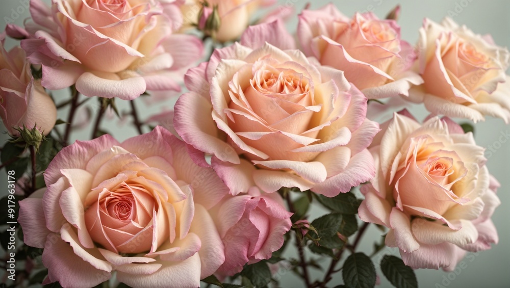Blushing Bouquet: A symphony of pastel pink and cream roses, their delicate petals unfurling in exquisite detail. Blushing Bouquet: A symphony of pastel pink and cream roses, their delicate petals unfurling in exquisite detail.