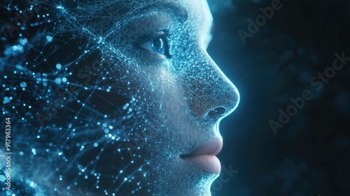 Human face with integrated AI technology in a 3D digital transformation render. Concept of artificial intelligence becoming part of human consciousness.