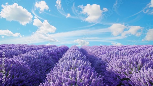A serene lavender farm with rows of purple flowers and clear blue skies.