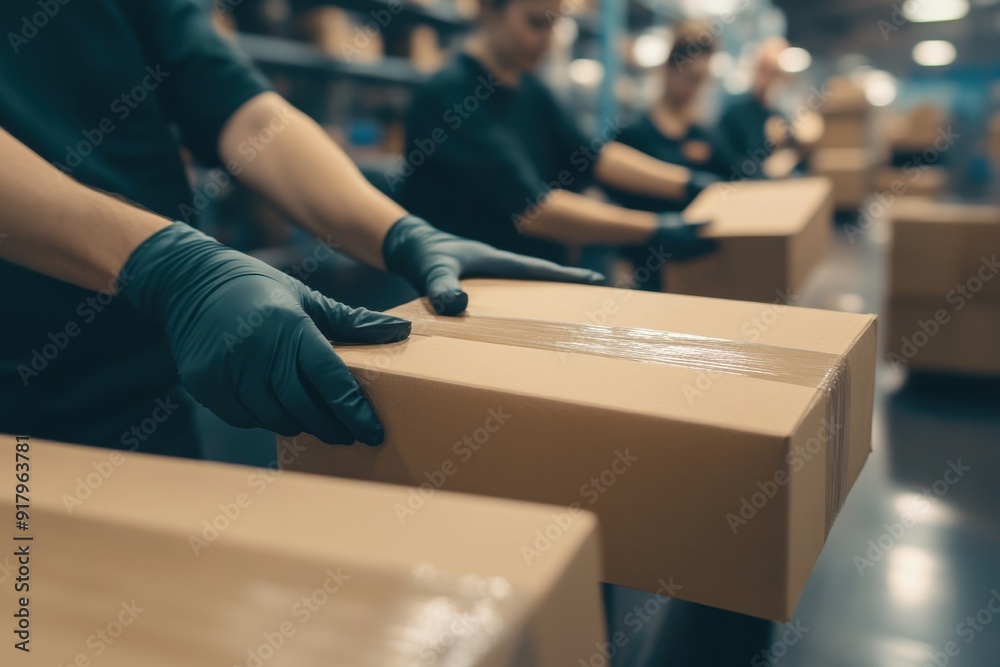 Logistics team packing boxes in a warehouse Logistics team packing boxes in a warehouse