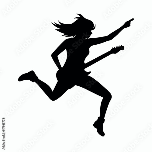 a Rockstar female singer jumping with guitar vector silhouette, isolated white background