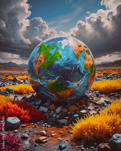 A world globe with a green area and a mountain in the background, 3d illustration