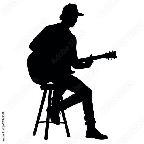 a singer play guitar sitting on the stool vector silhouette, isolated white background, a cap wear on the head