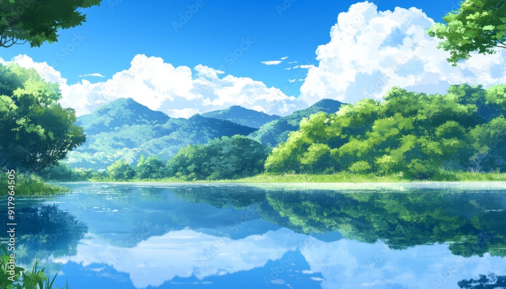 Fototapeta premium Serene Anime Mountain Lake Reflection: Vibrant Forest and Cloudy Sky Landscape. Artistic Capture of Nature's Tranquil Beauty for Cultural Illustrations and Creative Marketing. Seasonal Winter Scene, 4