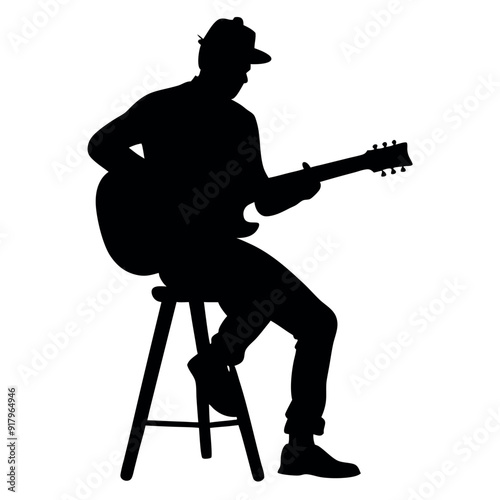 a singer play guitar sitting on the stool vector silhouette, isolated white background, a cap wear on the head