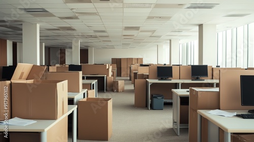 An office with empty desks and packed-up boxes, symbolizing the aftermath of layoffs during a deep economic recession